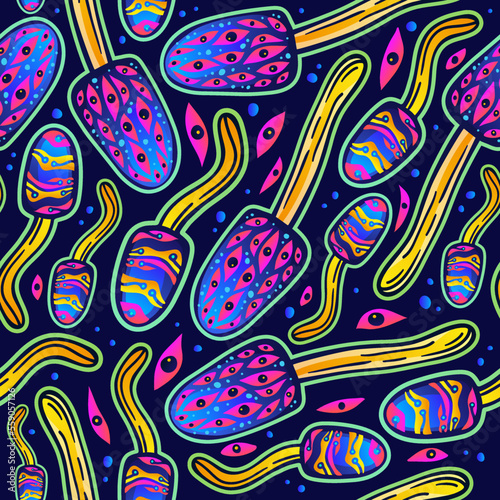 Magic seamless vector pattern of psilocybin mushrooms. Fantastic wallpaper of hallucinogenic mushrooms. Wrapping paper from colored fly agarics