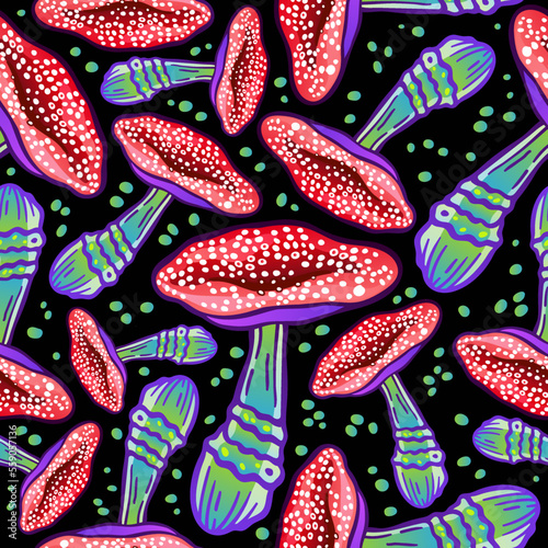 Mystical seamless vector pattern of psilocybin mushrooms - fly agaric. Beautiful wallpaper of hallucinogenic mushrooms. Stylish amazing sticker of colored fly agarics