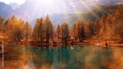 Lake Lago Blu near Breuil-Cervinia, Val D'Aosta, Italy. Beautiful autumnal mountain landscape.
