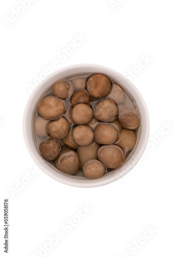 Canned preserved Mushroom in bowl isolated on white