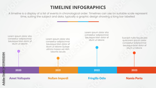 timeline infographic concept with yearl label and information for slide presentation with 4 point list
