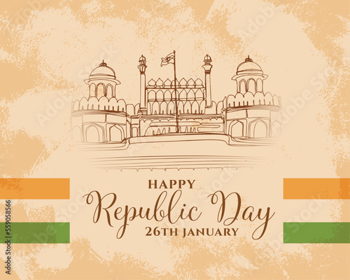 happy republic day vintage background with red fort sketch