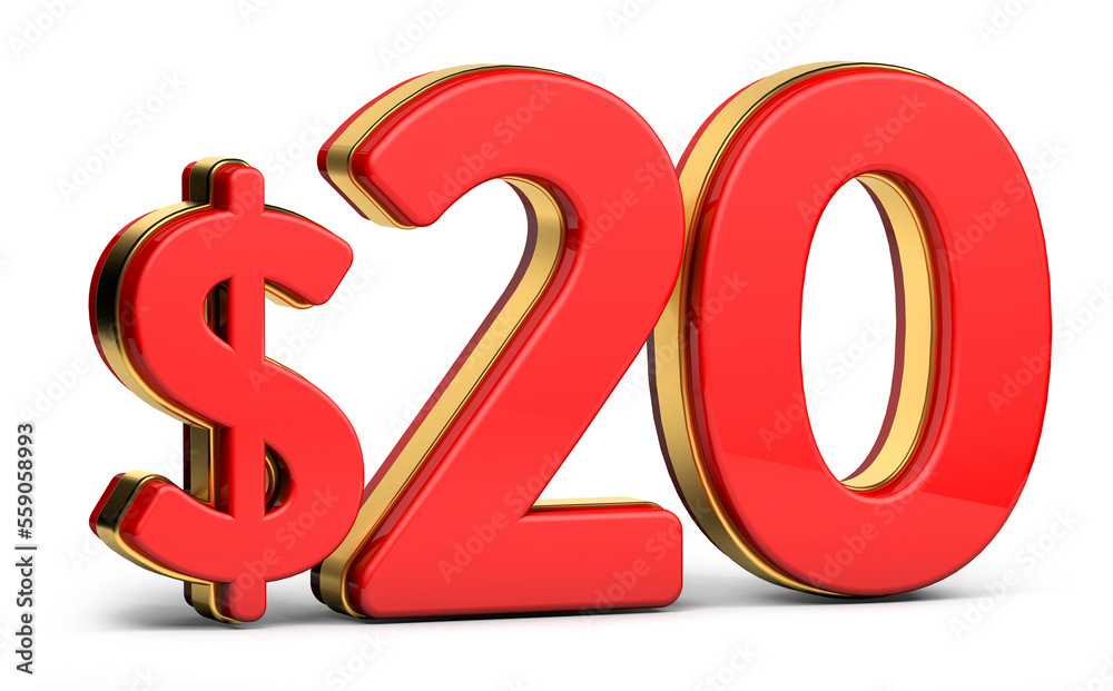 3d golden $20 isolated on background. 3d illustration. 3d golden $20 isolated on background. 3d illustration.