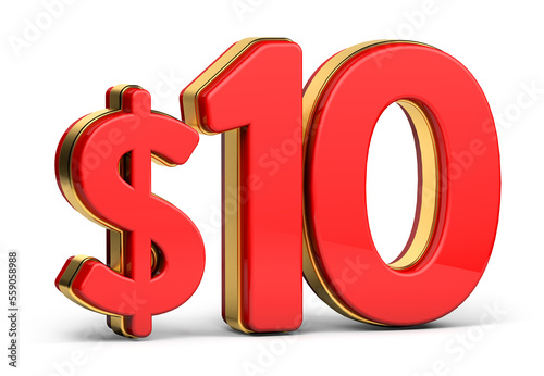 3d golden $10 isolated on background. 3d illustration.