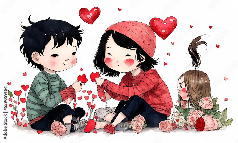 boy and girl celebrating valentines day, with hearts and flowers, illustration generative ai