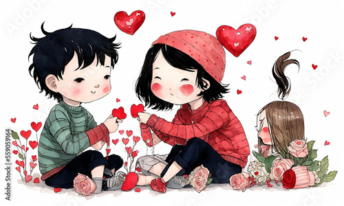 Obraz na płótnie boy and girl celebrating valentines day, with hearts and flowers, illustration generative ai w salonie