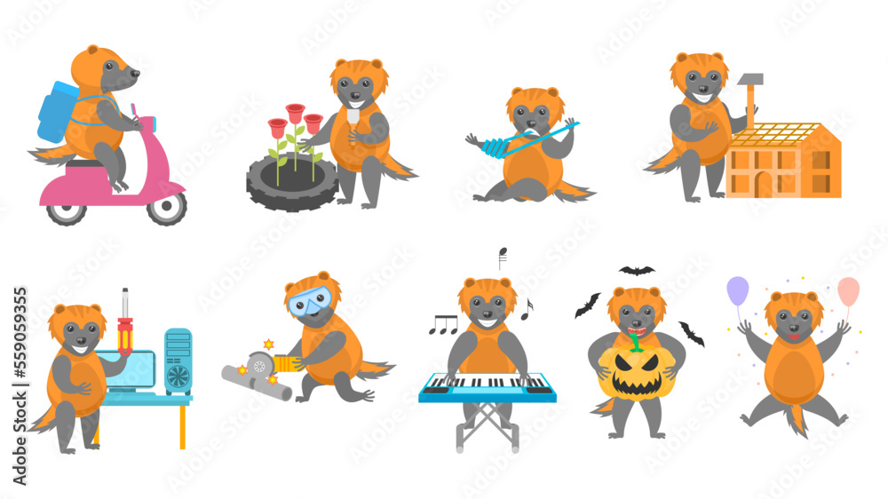 Fototapeta premium Big Set Abstract Collection Flat Cartoon Different Animal Wolverines Vector Design Style Elements Fauna Wildlife