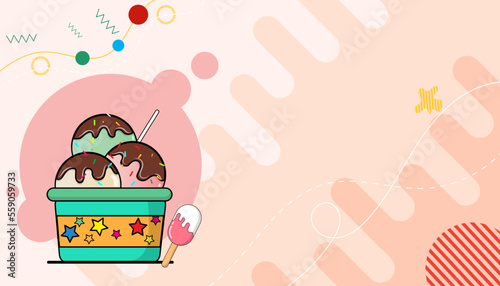 Strawberry, vanilla, melon flavored ice cream topped with chocolate in a cup on a pink background. vector