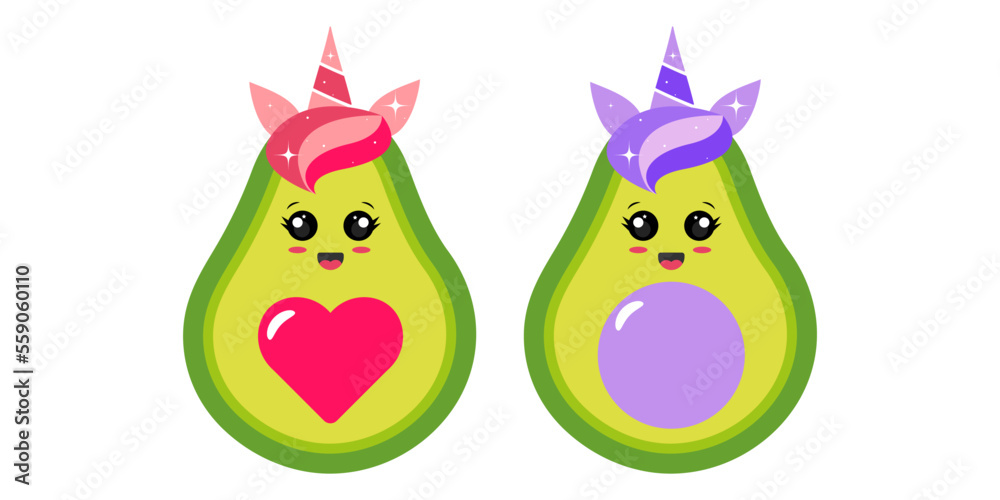 Two unicorn avocados. A boy and a girl. Vector.