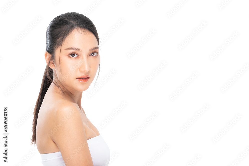 Side view of Beautiful Asian woman looking at camera smile with clean and fresh skin Happiness and cheerful with positive emotional,isolated on white background,Beauty and Cosmetics Concept Side view of Beautiful Asian woman looking at camera smile with clean and fresh skin Happiness and cheerful with positive emotional,isolated on white background,Beauty and Cosmetics Concept