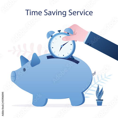 Businessman hand insert alarm clock into piggy bank. Concept of time saving service, planning techniques, schedule. Work organization, time management. Design for web, mobile app.