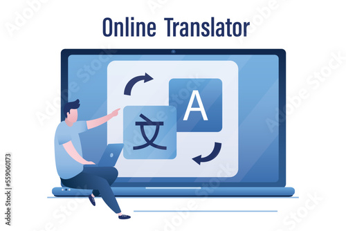 Businessman or male student translate foreign text or voice uses app on laptop. Language translator, dictionary, bot translator. Schoolboy learning language. Online translation software.