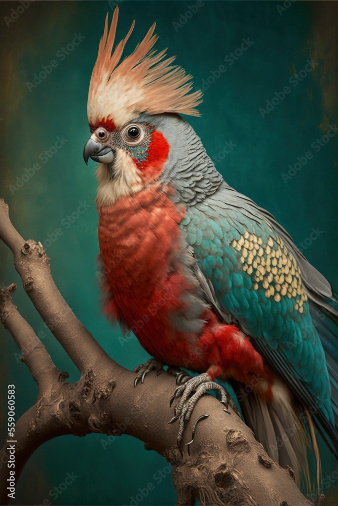 beautiful red teal cockatiel, ai generated


