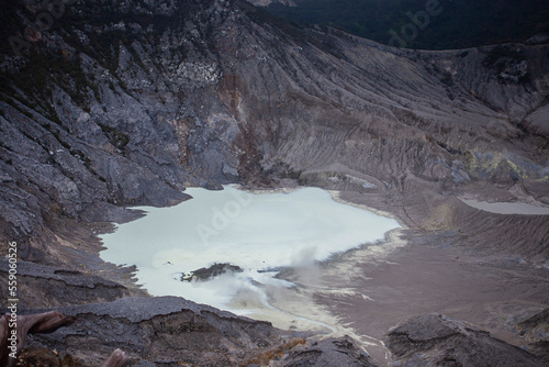 The beautiful view of the crater of Mount Tangkuban Parahu, an active volcano. One of the tourist destinations in Bandung, West Java, Indonesia.