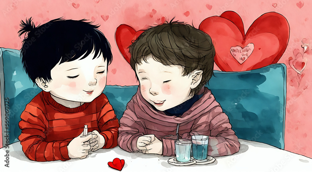 boy and girl celebrating valentines day, with hearts and flowers, illustration generative ai