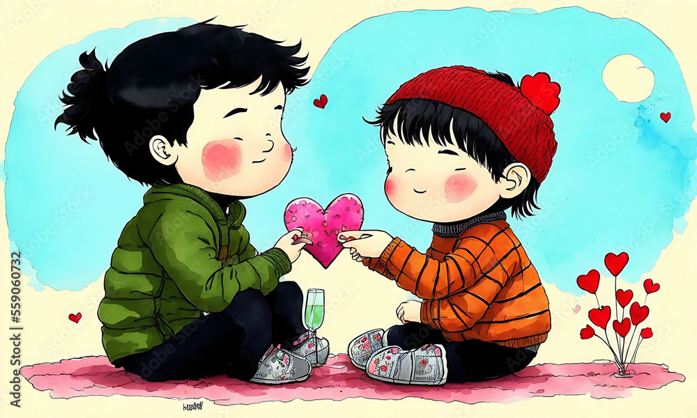 boy and girl wearing winter clothes, celebrating valentines day, with hearts and flowers, illustration generative ai