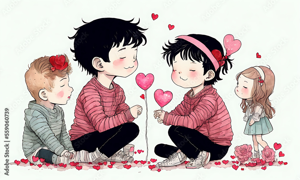 boy and girl celebrating valentines day, with hearts and flowers, illustration generative ai