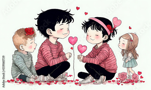 Obraz na płótnie boy and girl celebrating valentines day, with hearts and flowers, illustration generative ai w salonie