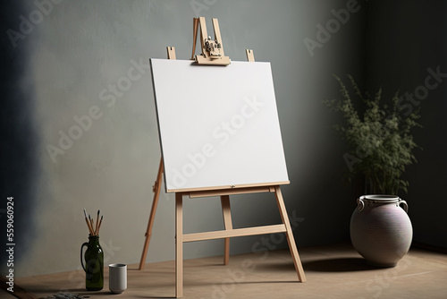 A front view of a mock up easel holding a canvas for painting. Generative AI