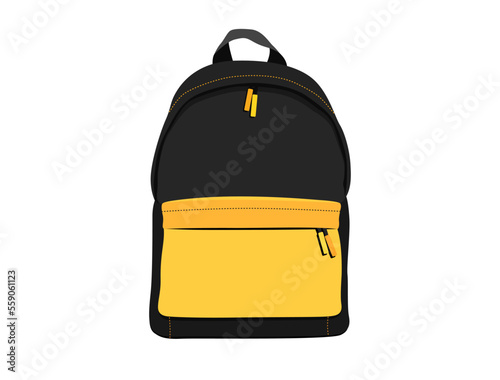 Vector flat black backpack isolated on white background. Casual urban backpack illustration. Back to school bag uniform sign. Fashion fabric zipper pack. Baggage yellow case