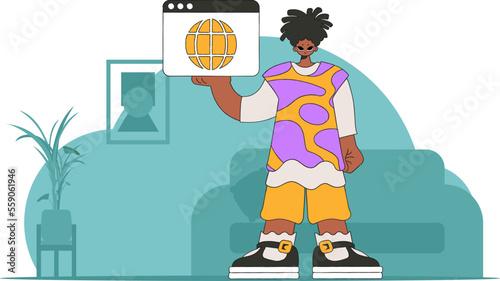 A bright and stylish illustration of a man holding a browser window in his hands. Bright trend character. Perfect for adding a modern and tech touch to your project.