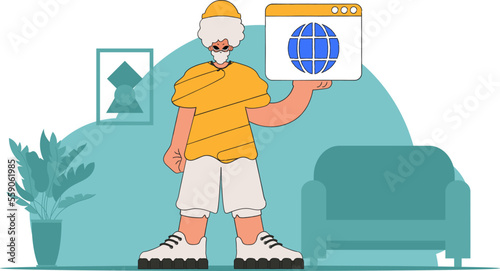 A bright and stylish illustration of a guy using a web browser. Marketing materials. Perfect for adding a modern and tech touch to your project.
