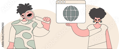A bright and stylish illustration of a woman and a man help to find information on the Internet. Marketing materials. Perfect for adding a modern and tech touch to your project.