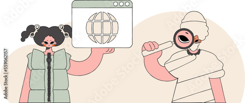 A bright and stylish illustration of a woman and a man help to find information on the Internet. Material for educational content. Perfect for adding a modern and tech touch to your project.