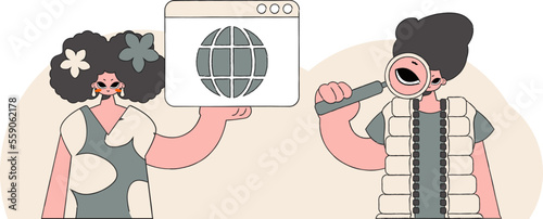 A bright and stylish illustration of a guy and a girl help find information on the Internet. Marketing materials.