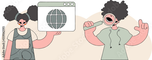 A bright and stylish illustration of a guy and a girl help find information on the Internet. Material for educational content.