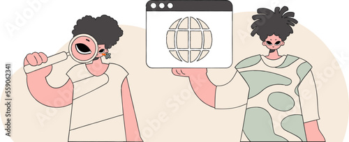 A bright and stylish illustration of a girl and a guy help to find information on the Internet. Marketing materials.