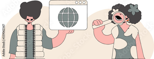 A bright and stylish illustration of a girl and a guy help to find information on the Internet. Modern character style.