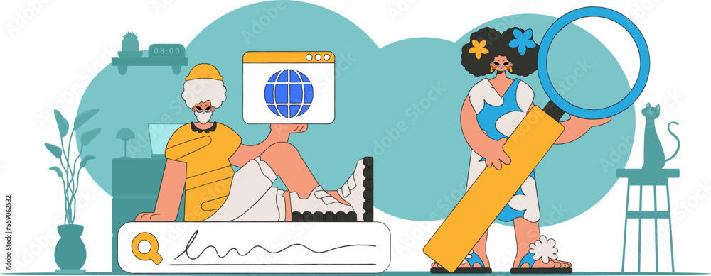 A bright and stylish illustration of a man and a woman help to find information on the Internet. Bright trend character. A bright and stylish illustration of a man and a woman help to find information on the Internet. Bright trend character.