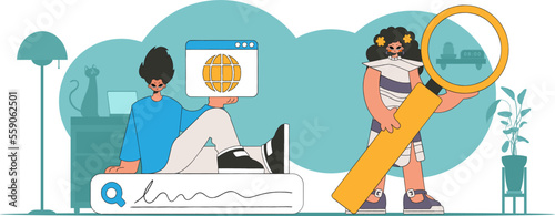 A bright and stylish illustration of a man and a woman help to find information on the Internet. Material for educational content.