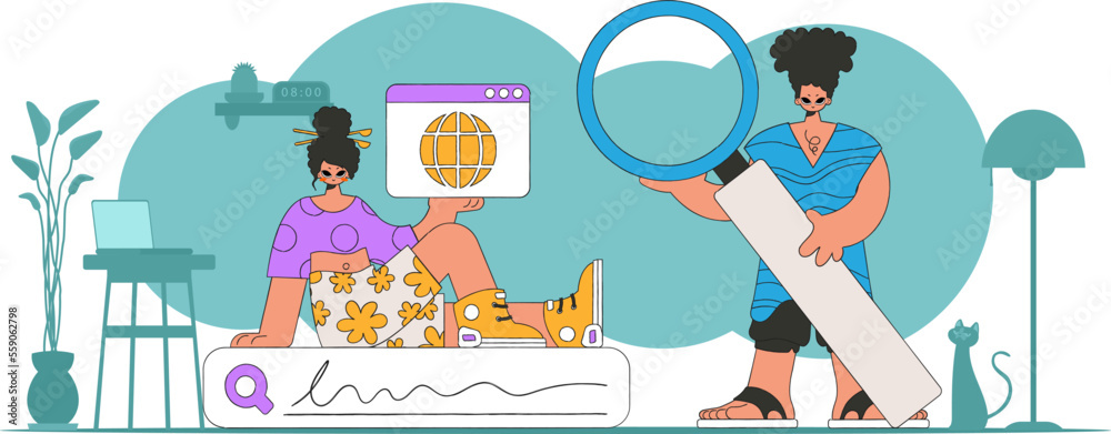 A bright and stylish illustration of a woman and a man looking for information. Bright trend character.