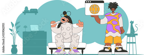 The girl and the guy help to find information on the Internet. Marketing materials.