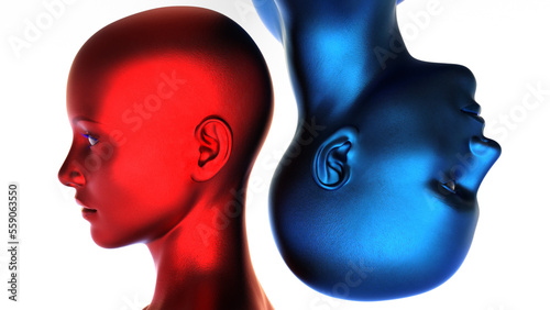 3d render. Portrait of a blue bald man upside down and a red bald woman on a white background. 