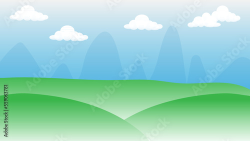 Vector paddy field of nature and mountain hills landscape illustration