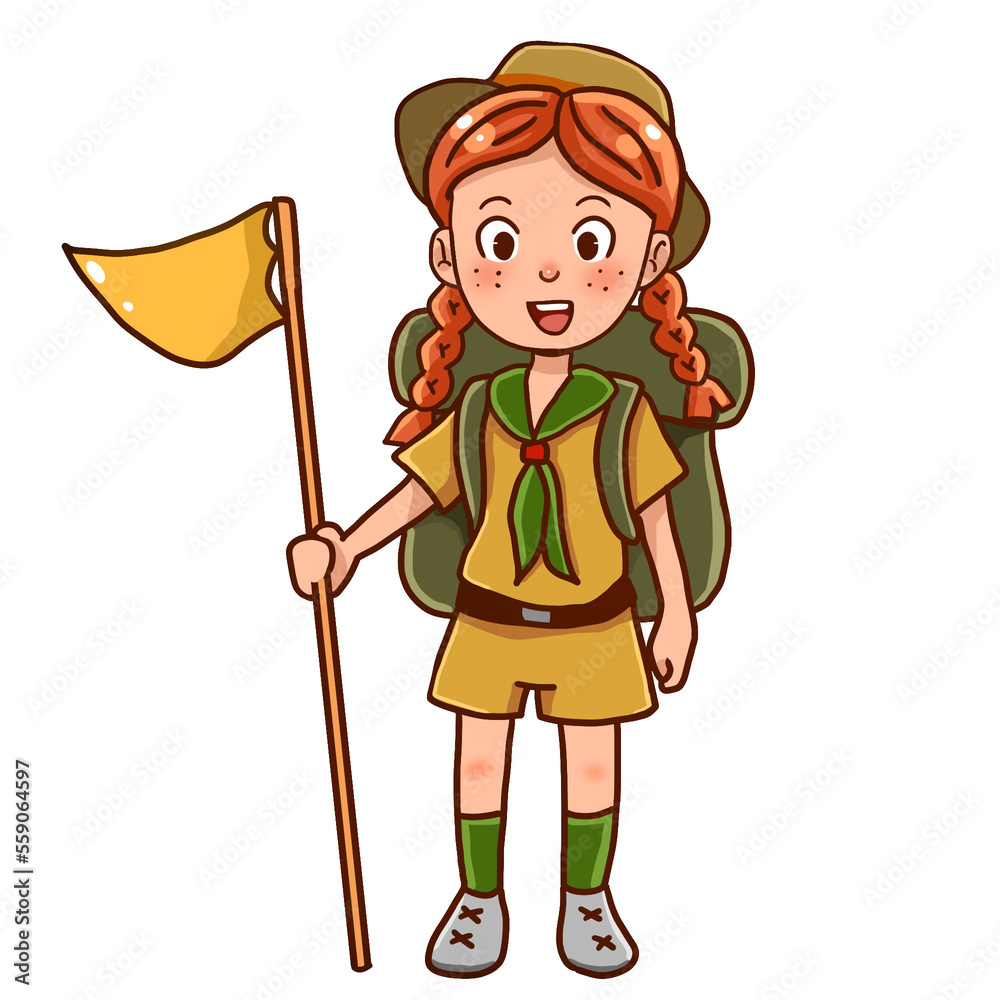 Red-haired Girl Scouts holding a yellow flag Red-haired Girl Scouts holding a yellow flag