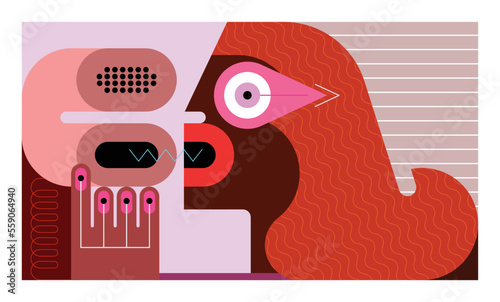 Redhead woman talking on the phone, vector illustration.