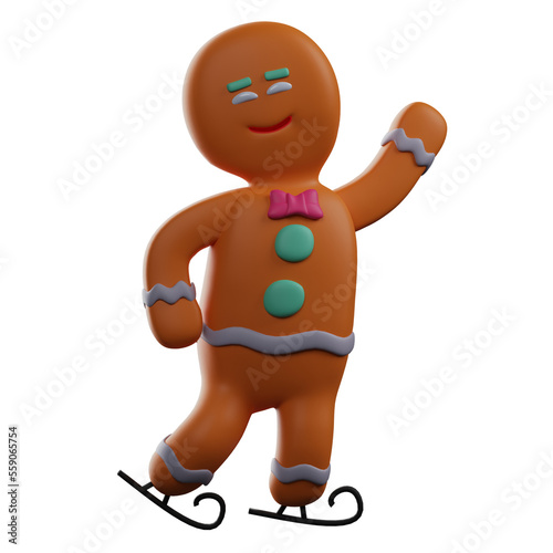  3D Illustration .Adorable 3D Cartoon Gingerbread Illustration with a sweet smile. by showing funny poses. wearing cool skating shoes. 3D Cartoon Character