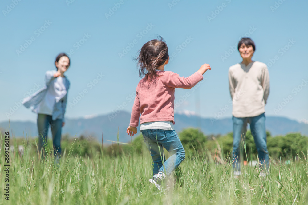 空と高原・草原・公園で遊ぶ子供と両親のアジア人家族・ファミリーイメージ（顔なし・後ろ姿）
