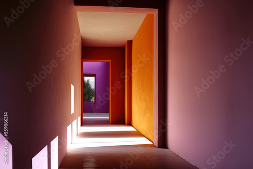 Luis Barragan's famed interior design for the Gilardi mansion has an orange corridor or hallway and a dance of lights and shadows. Generative AI photo
