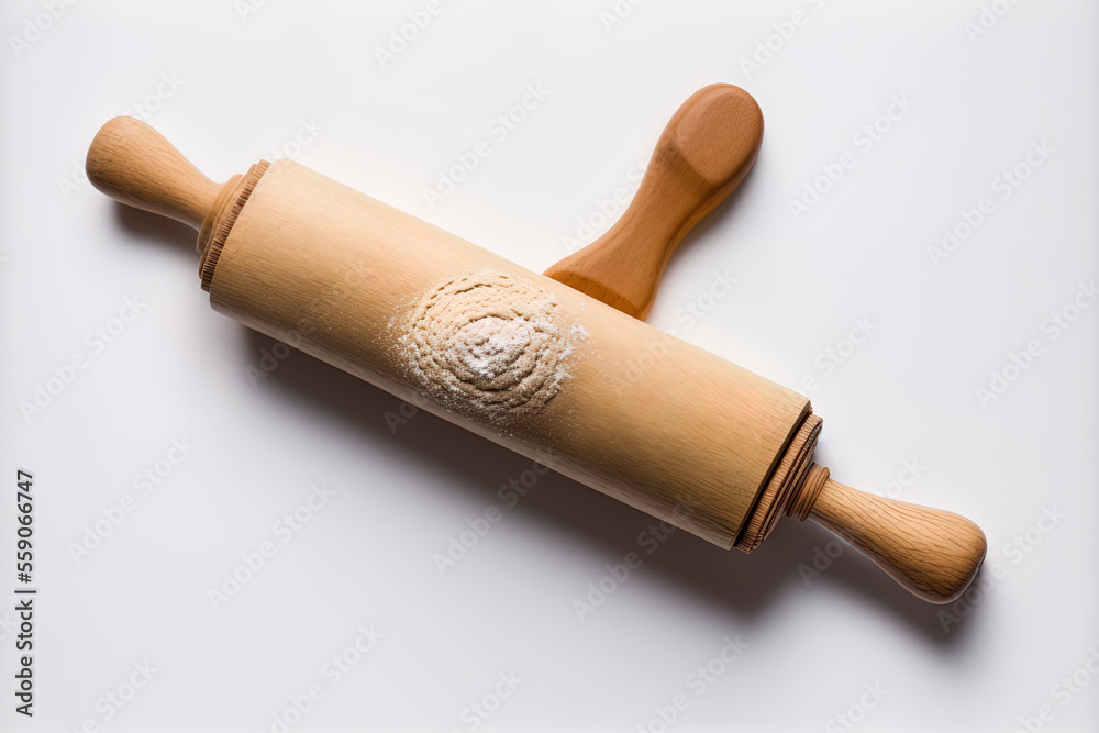 top view of a wooden rolling pin isolated on a white backdrop. Generative AI