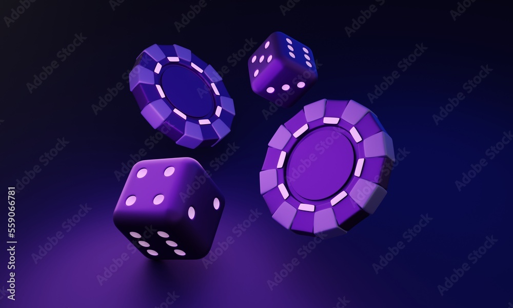 Purple chips and dices flying on dark background. Online casinos and mobile gambling concept. 3d render 3d rendering illustration. Purple chips and dices flying on dark background. Online casinos and mobile gambling concept. 3d render 3d rendering illustration.