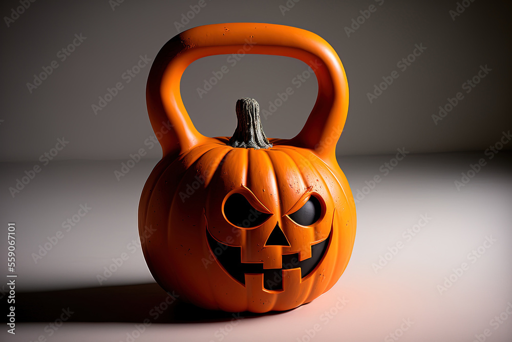 Ceramic pumpkin for Halloween and substantial kettlebells for use in