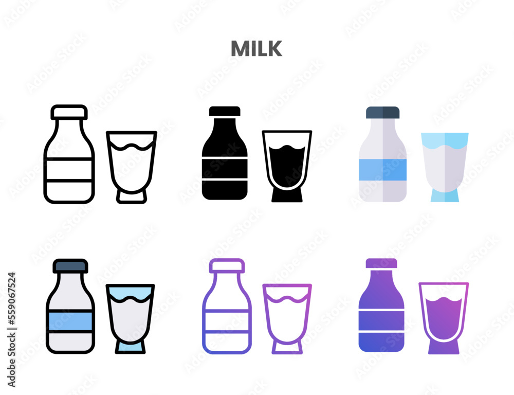 Milk icons vector illustration set line, flat, glyph, outline color gradient. Great for web, app, presentation and more. Editable stroke and pixel perfect.