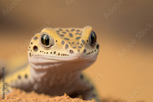 Sand gecko stenodactylus petrii basking in the sand in close up. Generative AI photo