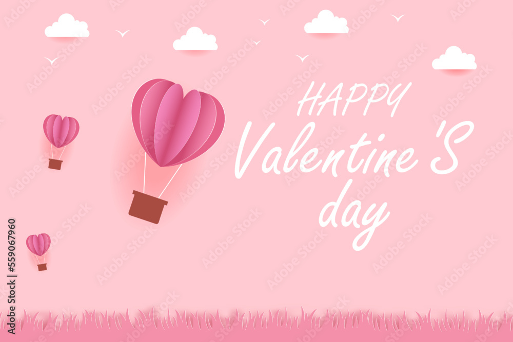 Naklejka premium illustration of love and valentine day with heart baloon,floating in cloud Paper cut style. Vector