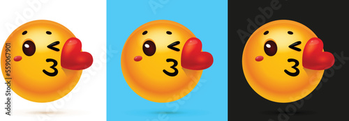 Laughing emoji with one hearts, Emoji vector set, A laughing face emoji giving kiss and rosy cheeks in multiple colors backgrounds, emotion showing love, happy face, glossy effect, emojis vector